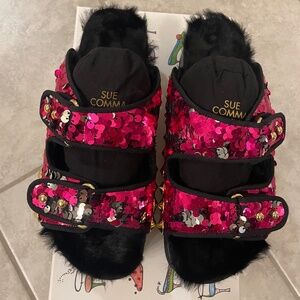 SUECOMMA BONNIE SCB Collection Pink/Silver Sequin Faux Fur Slide Size 38